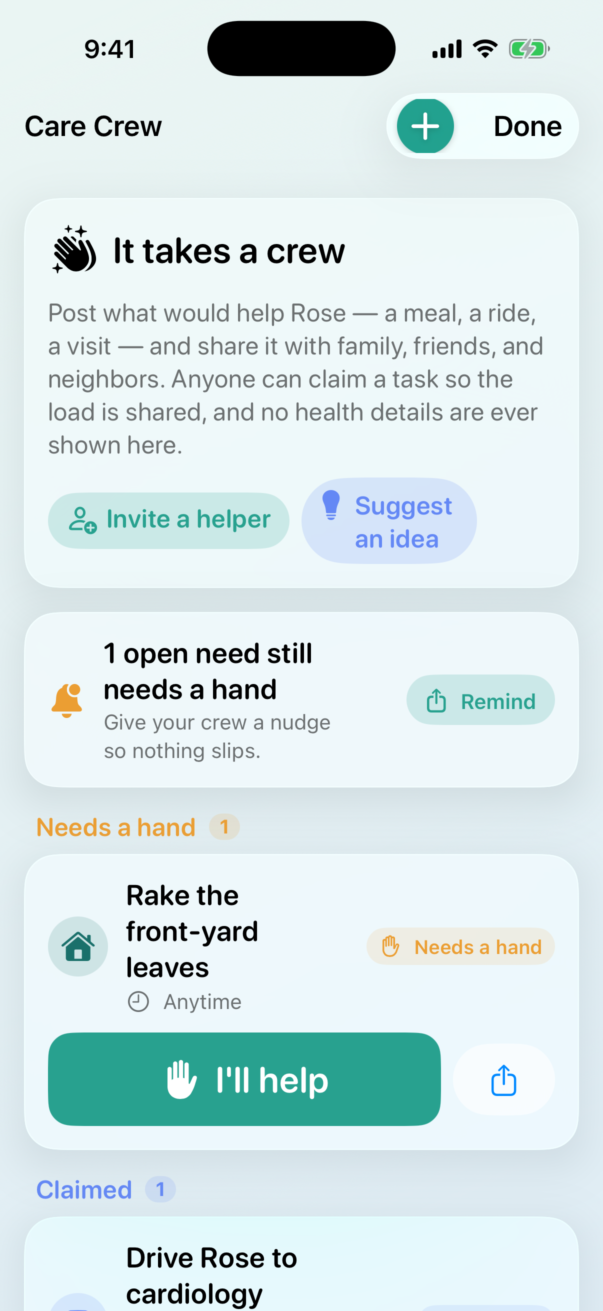 Care Crew screen showing non-clinical help that can be claimed, including an errand and a ride.