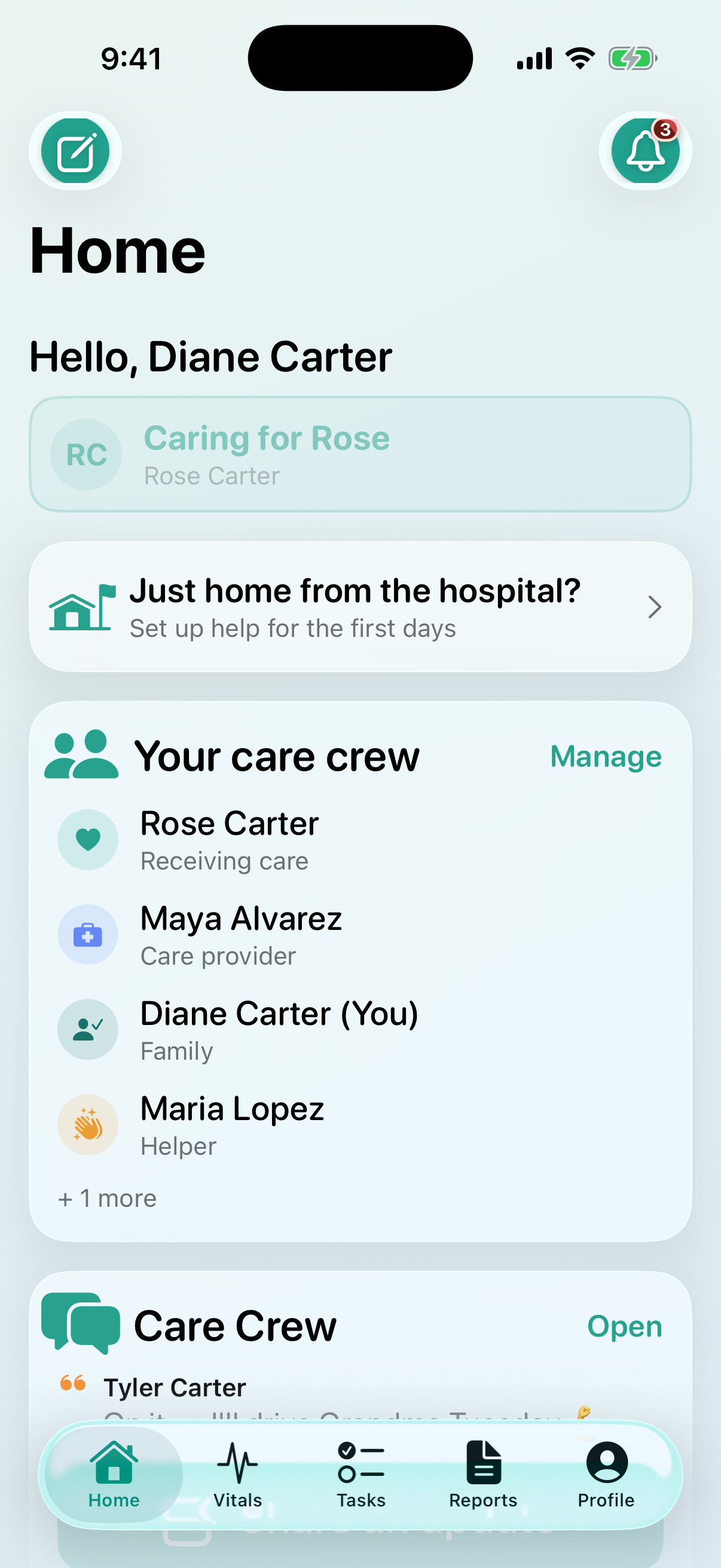 Family home screen showing Rose’s care circle and the people involved.